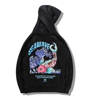 

New relaxed hip hop carp embroidery hooded fashion men's Sweatshirt in autumn 2019