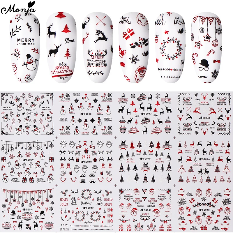 

Monja 12 Styles/Sheet Self-Adhesive Transfer Nail Art Christmas Stickers Snowman Elk Xmas Series Pattern Manicure Decals Decors