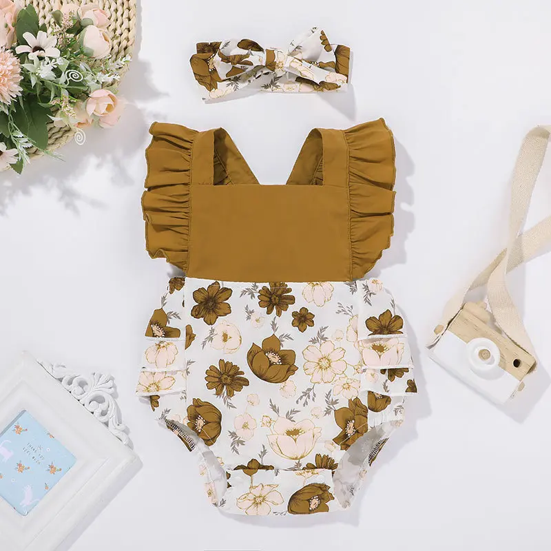 

Summer Newborn Baby Girls Clothes Set Baby Girl Ruffled Bodysuit Suit Baby Bodysuit Headband Infant Clothes Set