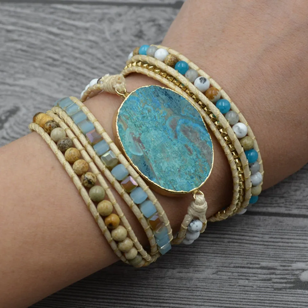 Unisex Retro Natural Stone Vintage Charm RFID Blocking Bracelets Wristband Gift Leather Mixed Handmade Unique