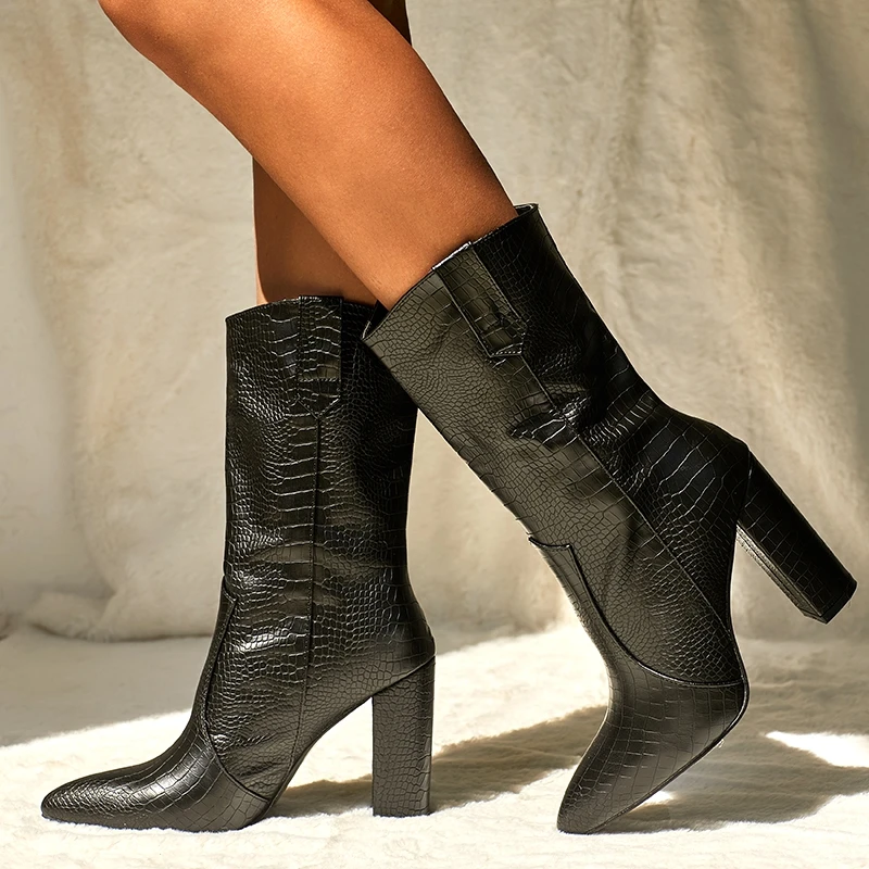 

2020 Autumn Winter Shoes Cowboy Boots Women Block High Heels Pointed Toe Mid-calf Boots Ladies Western Knight Long Botas Size 42