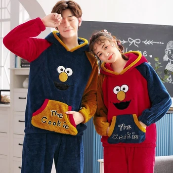 

Plush couple's pajamas women and men's autumn and winter flannel sweet and lovely long sleeve thickened housewear set