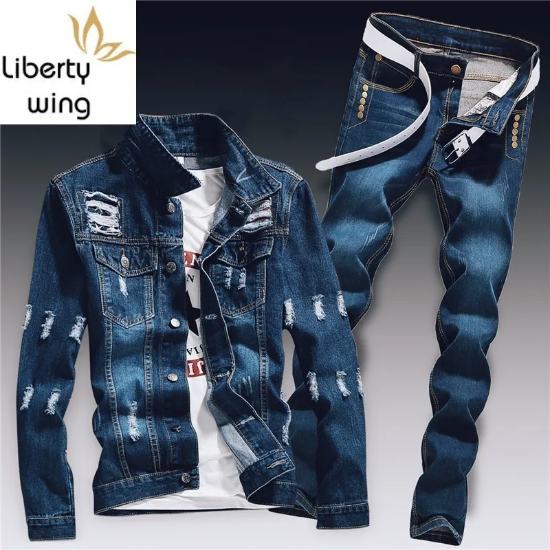 Spring Mens Denim Two Piece Set Hole Ripped Slim Fit Jacket Jeans Sets Male Casual Vintage Ropa Hombre Cargo Suit Streetwear Spring Mens Denim Two Piece Set Hole Ripped Slim Fit Jacket Jeans Sets Male Casual Vintage Ropa Hombre Cargo Suit Streetwear