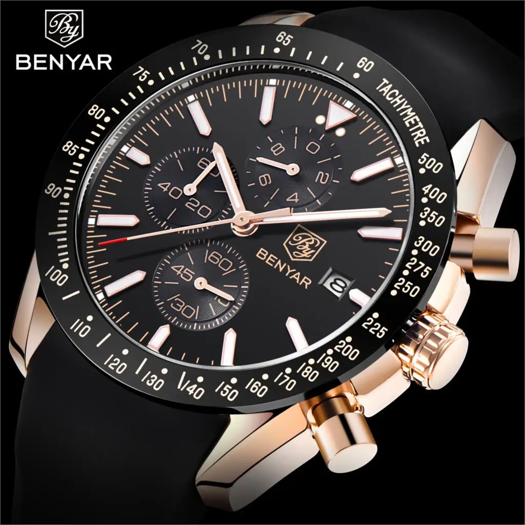 BENYAR New Brand Luxury Silicone Strap Waterproof Sports Quartz Chronograph Watch Classic Casual Men's Clock Relogio Masculino