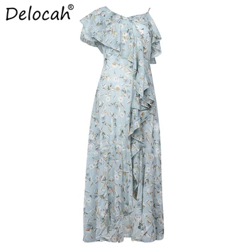 

Delocah Summer Women Fashion Runway Midi Dress Sexy Strapless Ruffles Floral Print Female Holiday Asymmetrical Dresses vestidos