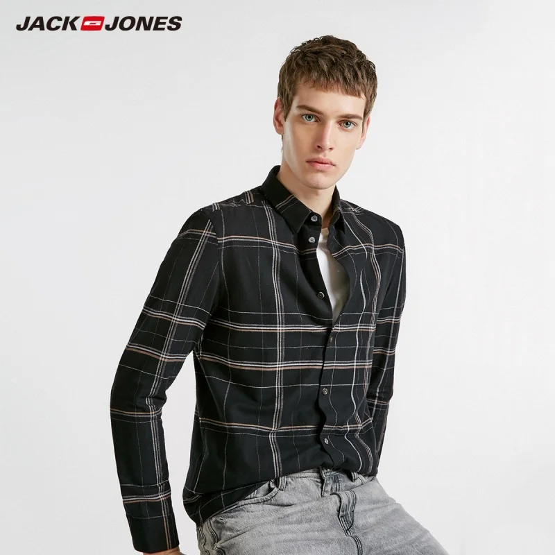 JackJones Мужская отшлифованная ткань клетчатая рубашка с длинными рукавами 218405521 - Цвет: Black