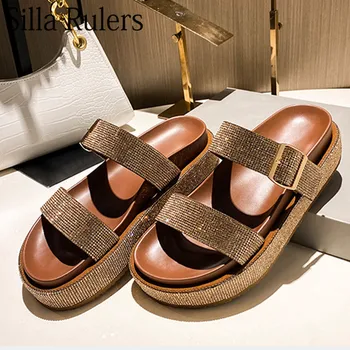 

Runway Rhinestone Tick Sole Sandals Woman One Strap Round Toe Summer Slippers Woman Open Toe Gladiator Woman 2020 New Summer