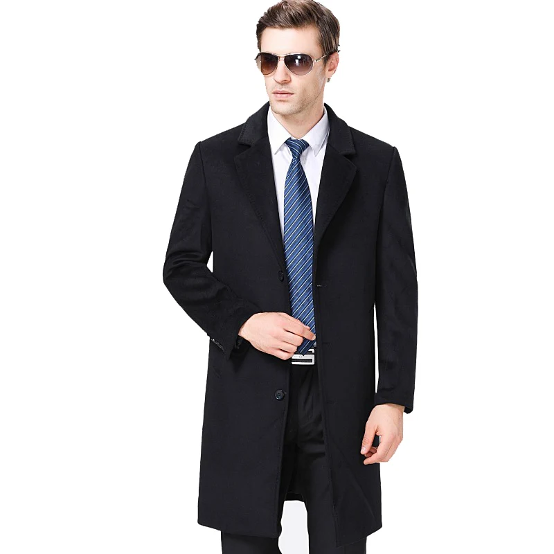 Men's Winter Wool-blend Cashmere Medium Woolen Coat Fashion Slim Fit Simple Long Trench Coat Windbreaker Jacket Outwear - Цвет: Черный