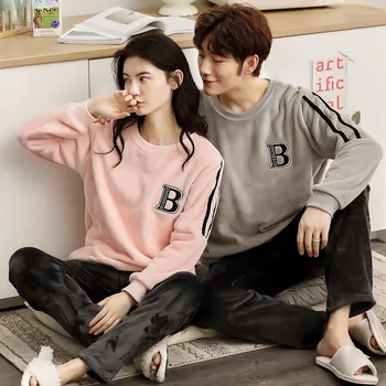 

Pineapple Fleece Pajamas Couples Autumn Winter Long-Sleeved Velvet Warmth Flannel Sleepwear Two-Piece Suit Winter Pijama Mujer