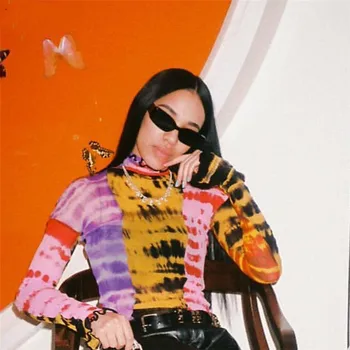 

Trendy Patchwork Striped Tee Sexy Women Summer T-shirt Tops Ladies Long Sleeve Ruffled Crop Tops Female Evening Party Club Wear