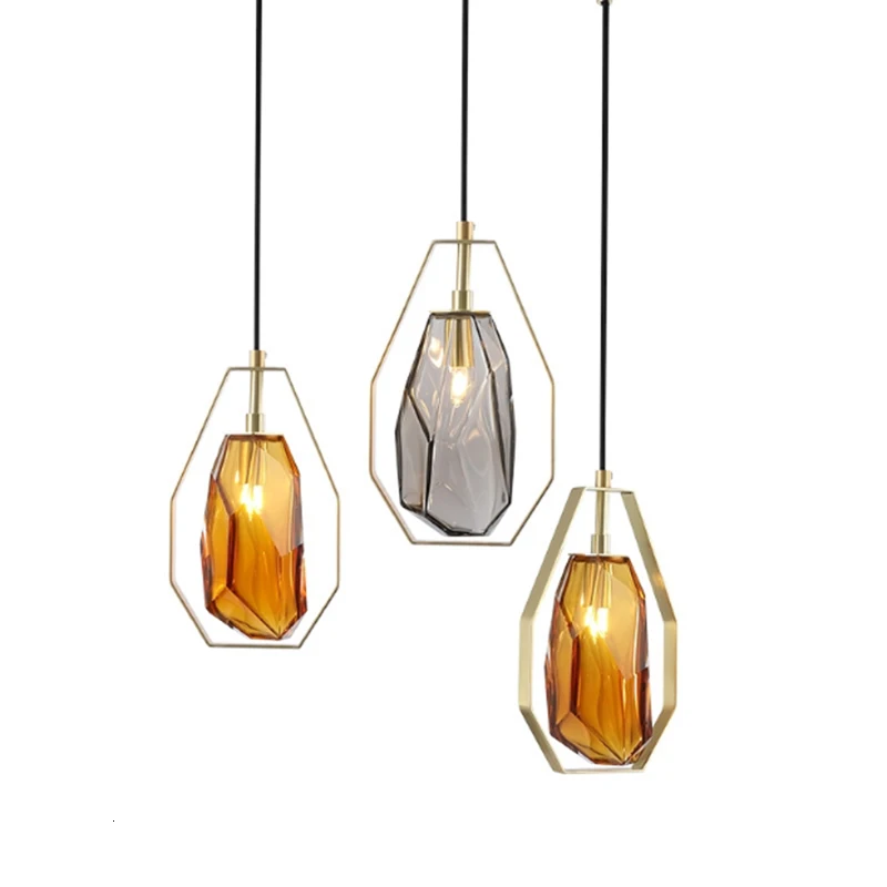 Modern irregular design amber glass single pendant lamp simple restaurant bedside decoration LED lighting polygon hanging lamp