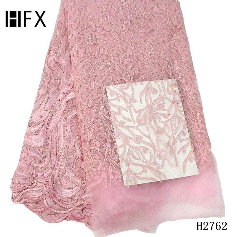 

HFX african lace fabric mesh lace fabric with sequins beads embroidery Solid color french net lace fabric wedding dress for girl