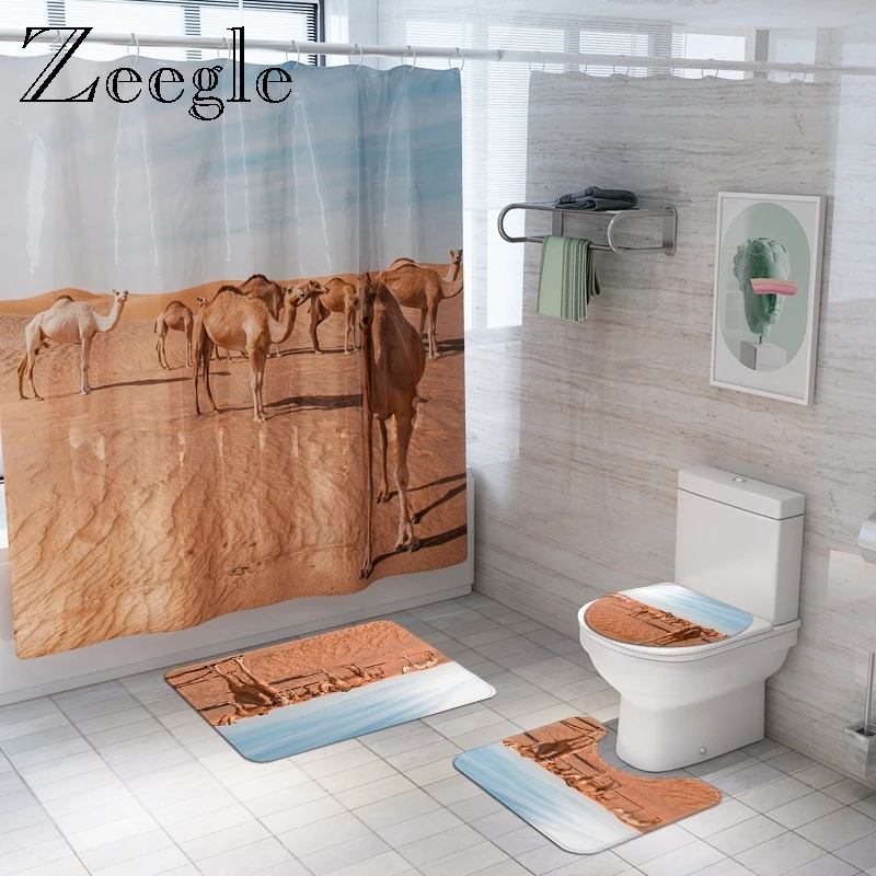 Zeegle Printed Camel 4pcs Bath Mat Set Washable Toilet Rug Polyester Bathroom Shower Mat Pedestal Soft Rug Toilet Seat Cover