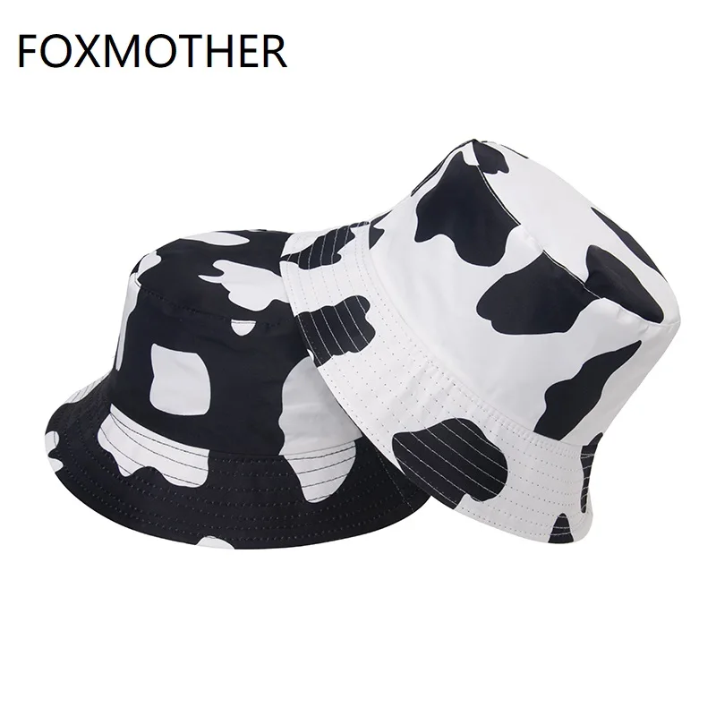 

FOXMOTHER New Fashion Black White Cow Print Bucket Hats For Women Mens Summer Caps Gorras