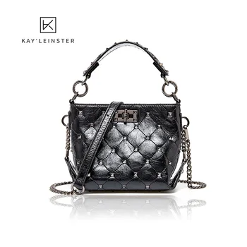 

2020 New Genuine Leather Handbags Women Diamond Lattice Chain Bucket Bag Elegant Wild Shoulder Bags Rivet Lock Design Cross Body