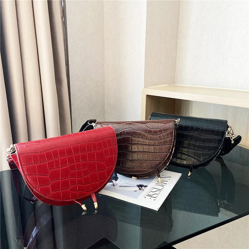 Женские сумки через плечо с каменным узором, кожаная седельная сумка Bolso mujer, полукруглые сумки с клапаном, женская сумка через плечо, сумочка