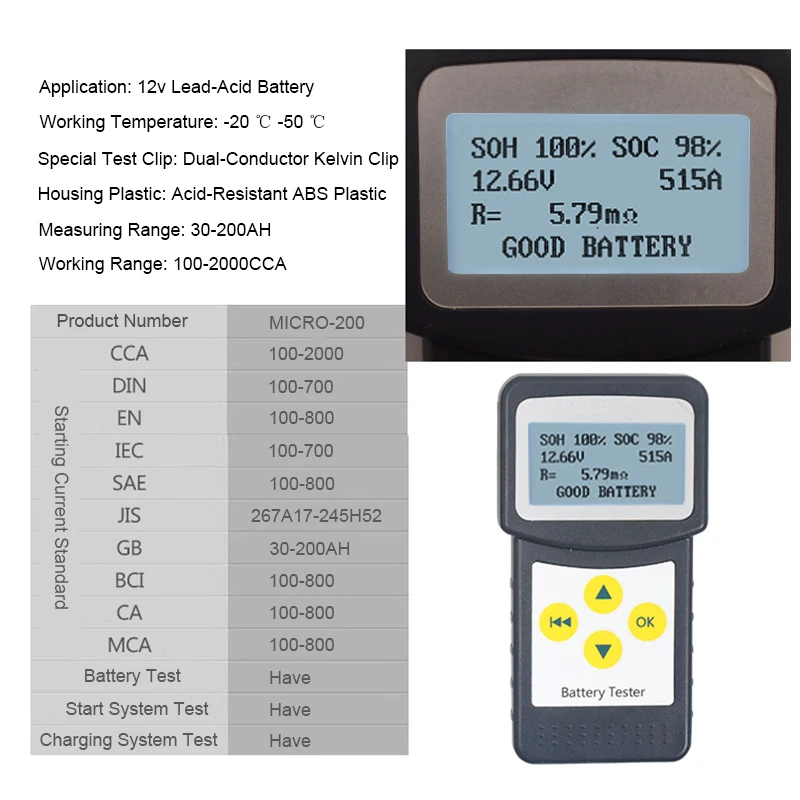 Multi-language version MICRO-200 Automotivo Battery Digital CCA Battery Analyzer Vehicle Car Battery Tester 12V Diagnostic Tool