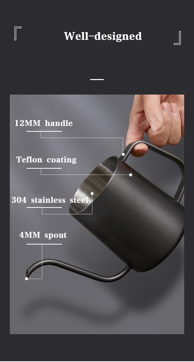 Drip Kettle 350ml 600ml Hand Make Coffee Tea Pot Non-stick Coating Food Grade Stainless Steel Gooseneck Drip Kettle Thin Mouth