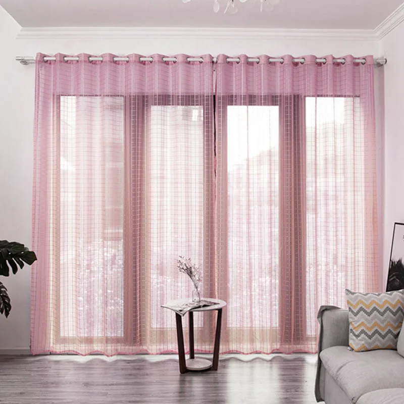 

Simple Colorful Transparent Gauze Long Curtain Bedroom Living Room Balcony Window Simple Grids Perforated Curtain Home Decore VC