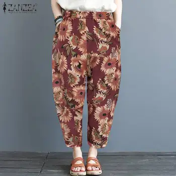 

ZANZEA Women Vintage Printed Harem Pants Elastic Waist Cotton Linen Pants Pantalon Turnip Streetwear Autumn Sunflower Trousers