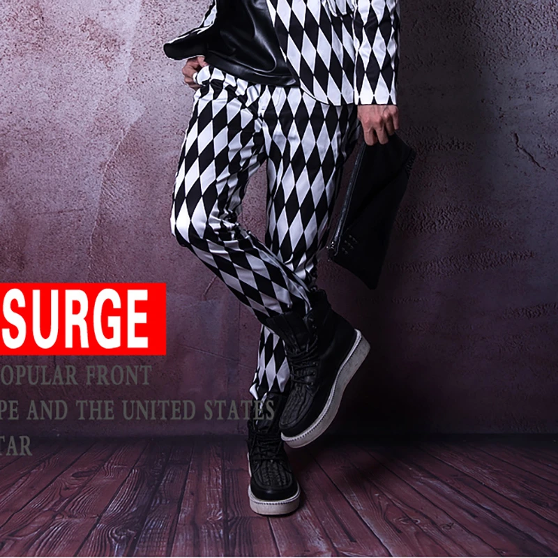 

Men Pant Trend Male Singer Djds New Black And White Diamond Streetwear Hairdressing Division Stage Jogger Hombre