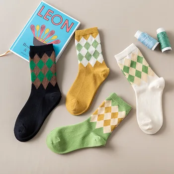 

Japanese-style Versatile INS Online Celebrity Tube Bunching Socks Lattice Breathable Cotton Fashion WOMEN'S Socks Vintage Colleg
