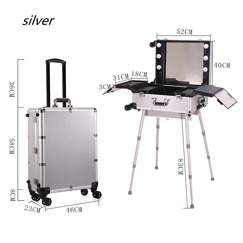 Pink Makeup Artist Suitcase Aluminium Luxury Travel Beauty Manicure Suitcases Mirror Lamp Cosmetic Trolley Tool Box Customized