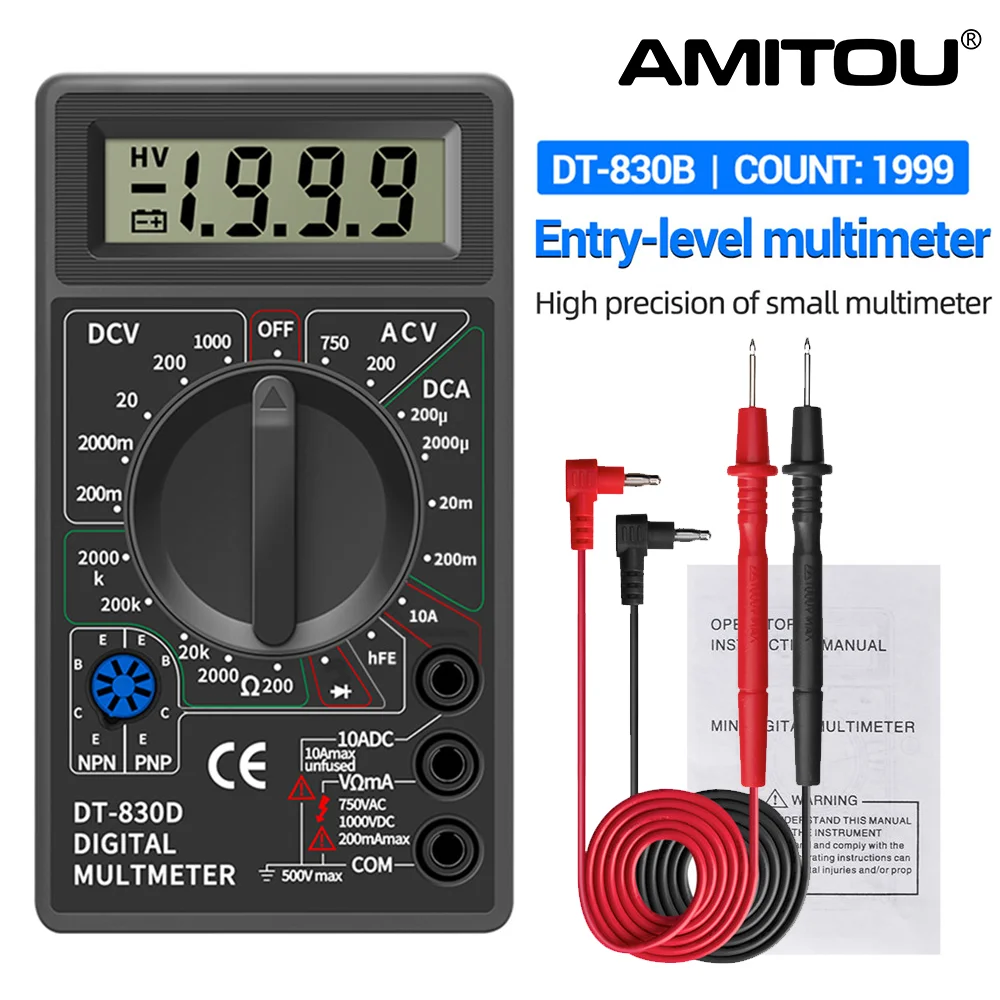 AMITOU DT830B Digital Multimeter AC/DC LCD Mini Voltmeter Ammeter Ohm Tester 750/1000V High Safety Handheld Meter With Probe | Инструменты