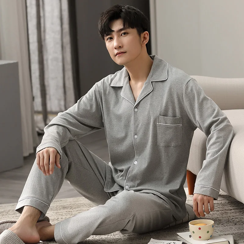 Winter Pure Cotton Pajamas for Men Solid Pyjamas 2 Pcs Suit Man's Home Bedroom Clothes Sleepwear 100% Real Cotton High Quality silk pajama pants Men's Sleep & Lounge