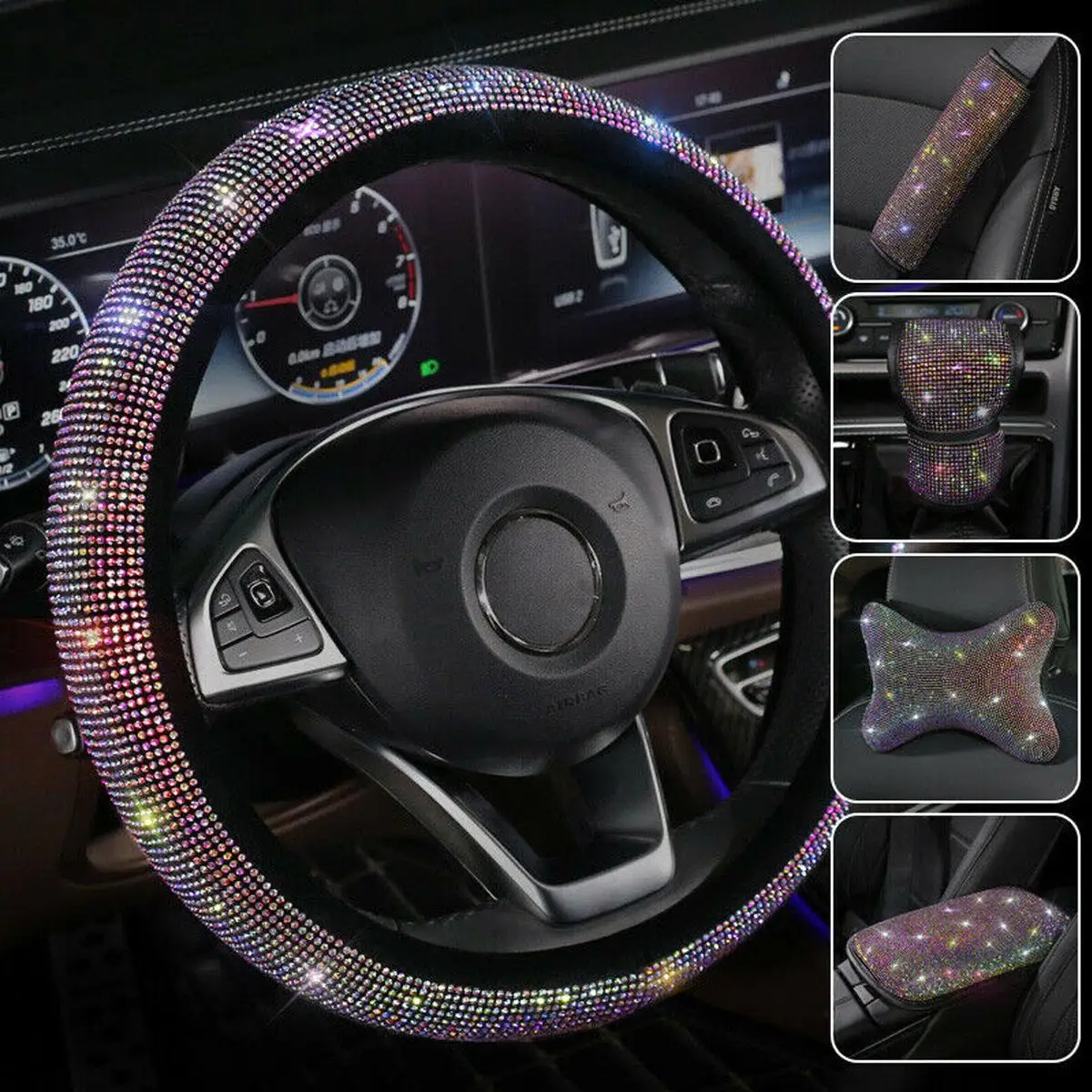 Universal Sparkle Bling Rhinestone Steering Wheel Cover Center Console Cushion Headrest Pillows Car Interior Protection Case Set |