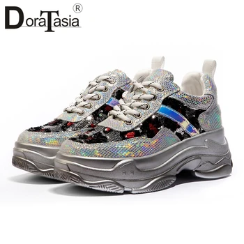 

DORATASIA New Colorful Genuine Leather Sneakers Women 2019 Girl Shining Dad Shoes Lady Fashion Bling Flat Platform Shoes Flats