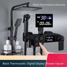 HOT Sell Thermostatic Digital Display Shower Faucet Set Rainfall Bathtub Tap with Storage Shelf Water Flow Produces Electricity