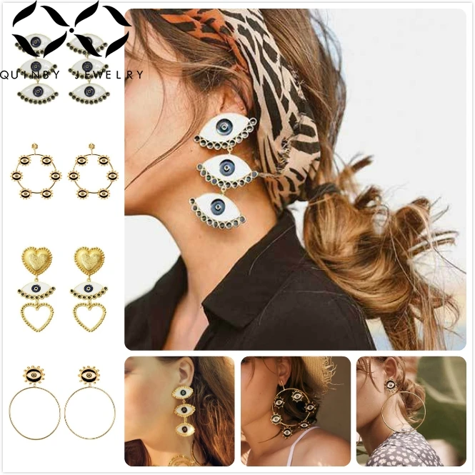 

Quinby Long Drop Earrings For Women Gold Heart Earrings Street Trendy Enamel Evil Eye Earring Big Circle Girl Party aretes Q5