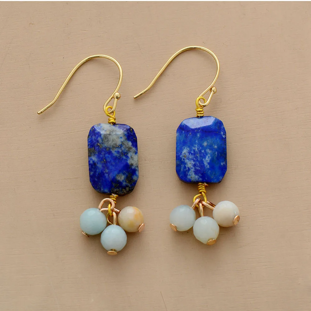 

Exclusive Women Dangle Earrings Rectangle Lapis Lazuli Amazonite Drop Earrings Creative Elegant Gifts Jewelry for mom wife