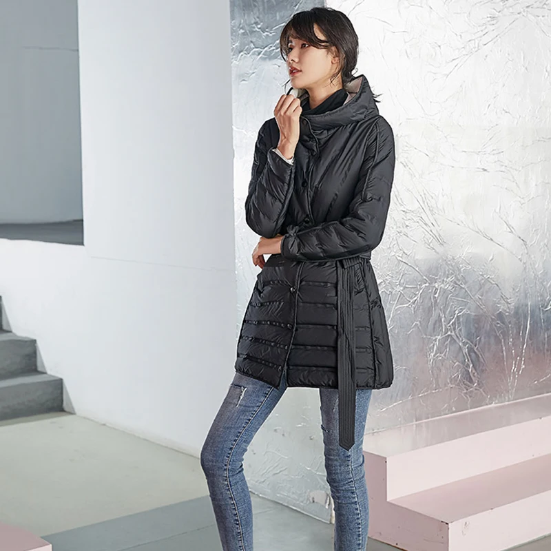 Fashion Thin Down Coat Women Long Jacket New Winter Slim Warm Coat Female Overcoat Solid color Lace-up Parkas Women WM120