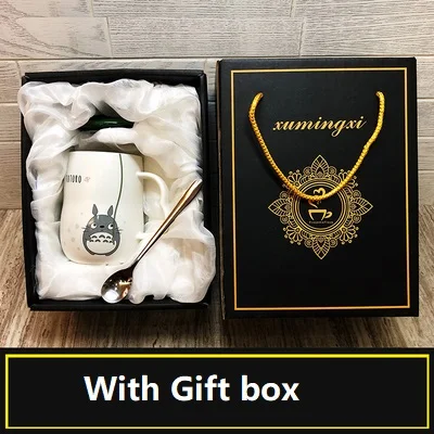 With Gift box Новинка 280 мл РУЧНАЯ РАБОТА керамические кружки с ложкой и крышкой Тоторо мультфильм тема молоко кружки чашки кухонные инструменты - Цвет: With Gift box