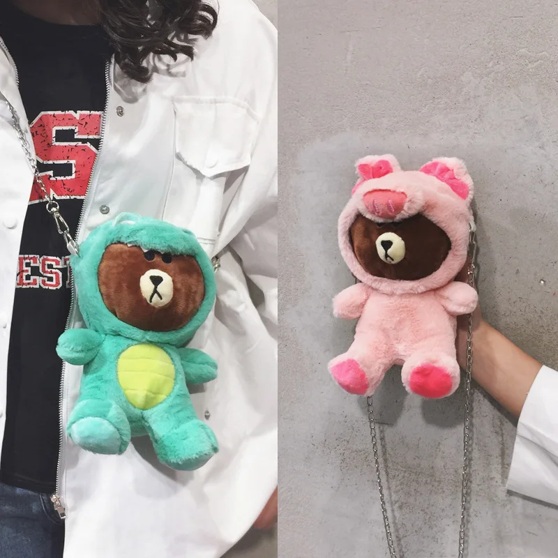 

2019 Winter New Style Cartoon Turning Bear Shoulder Bag INS GIRL'S Cute Plush Mini Bag Change Ted Bag