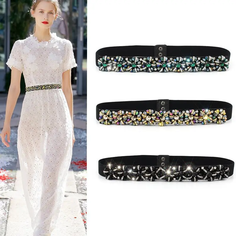 

2019 New Arrival Designer Luxury Crystal Elastic Women Wide Belt with rhinestone Elegant belts for women High Qualit SD240