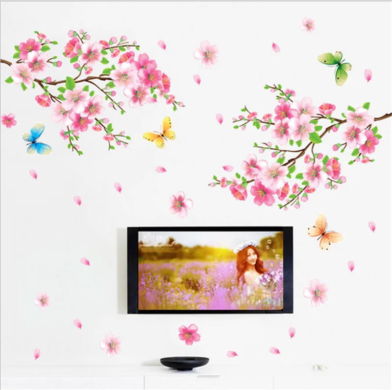 Cherry Blossom flower Butterfly Wall Stickers living room bedroom Wall decals Decors Murals poster