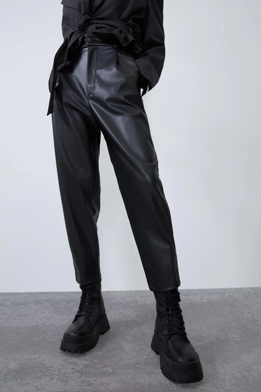 ZA Женская рубашка из искусственной кожи Модная новая куртка пальто с рукавами-пузырьками широкие брюки с высокой талией Свободная зимняя крутая уличная одежда
