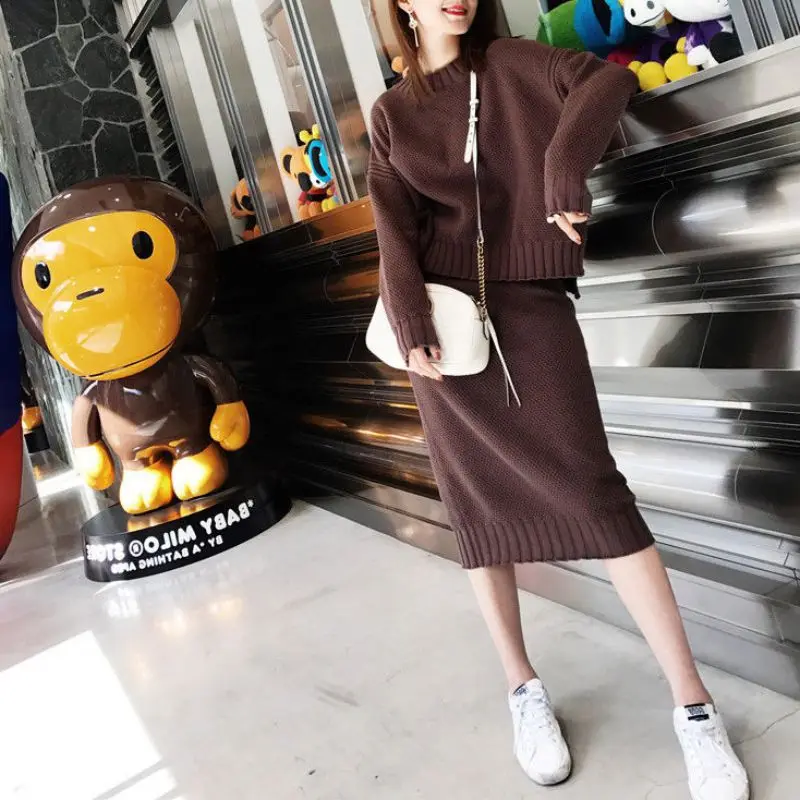 

Korean Style Women Sweater Skirt Sets Warm Fashion Long Sleeve Knit Suits Turtleneck Casual Two Piece Suits Outfits