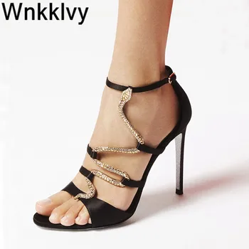 

Summer gladiator sandals Woman high heels crystal snake decor satin silk 2020 sexy dress party shoes runway sandalias for lady