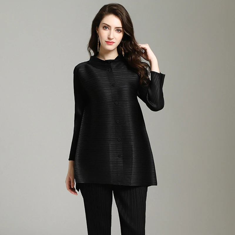 [EAM] женская черная плиссированная блузка большого размера, новинка, воротник-стойка, рукав три четверти, свободная рубашка, модная, весна-осень JW771