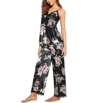 

Women Pjamas Sets Female Tank Tops+Long Pants Satin Sexy Sleepwear Outfits Nightwear Hot