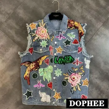 

2019 early autumn new lapel sleeveless sequins beaded heavy work figure trend denim vest