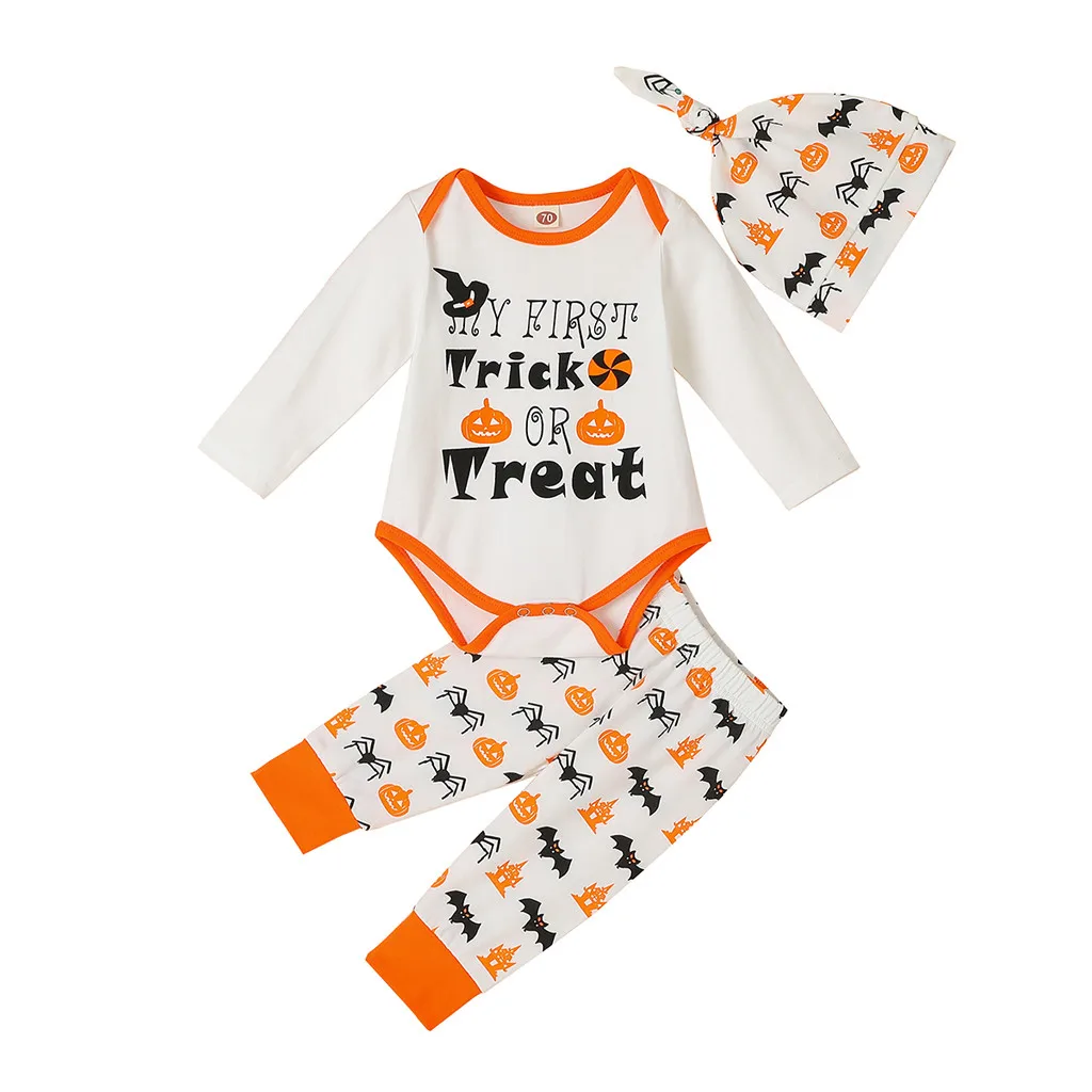 festival-wear children clothing-set costume Newborn Infant Baby Boys Girls Letter Romper Pants Hat Halloween 3pc Outfits Set