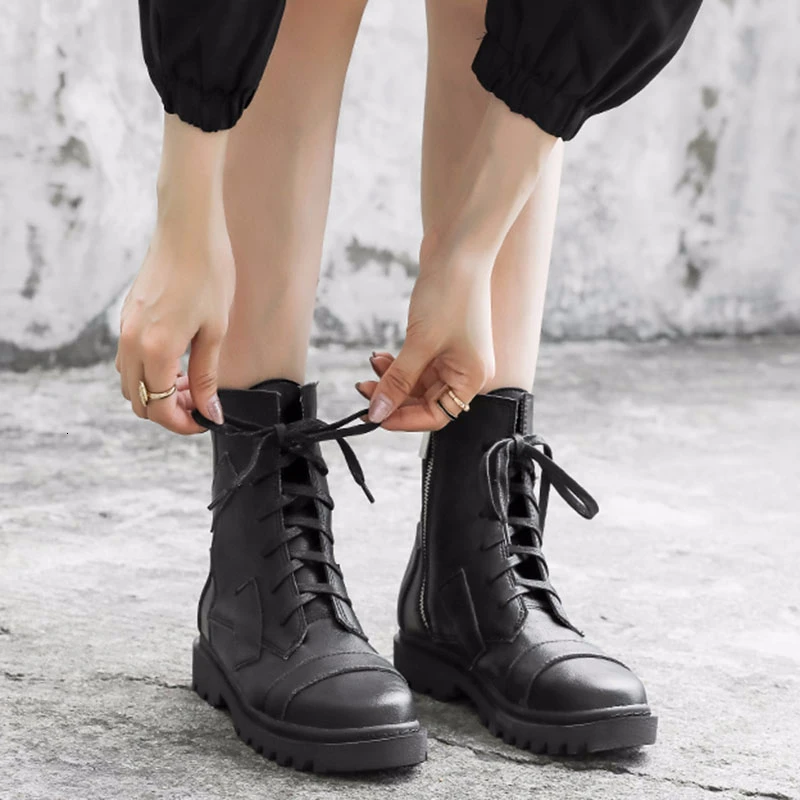 [DEAT] Round Toe Bandage Spliced Causal Personality Pu Leather Single Women Short Boots New Autumn Winter Fashion 10E951