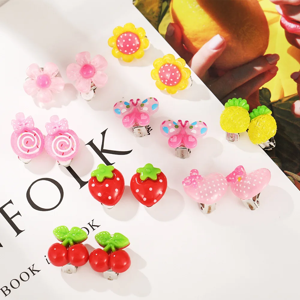 

Children Baby Girl Jewelry Kids Cute Animal Fruit Cherry Resin Ear Clip On Pierced Party Gift Cartoon Flower Earrings