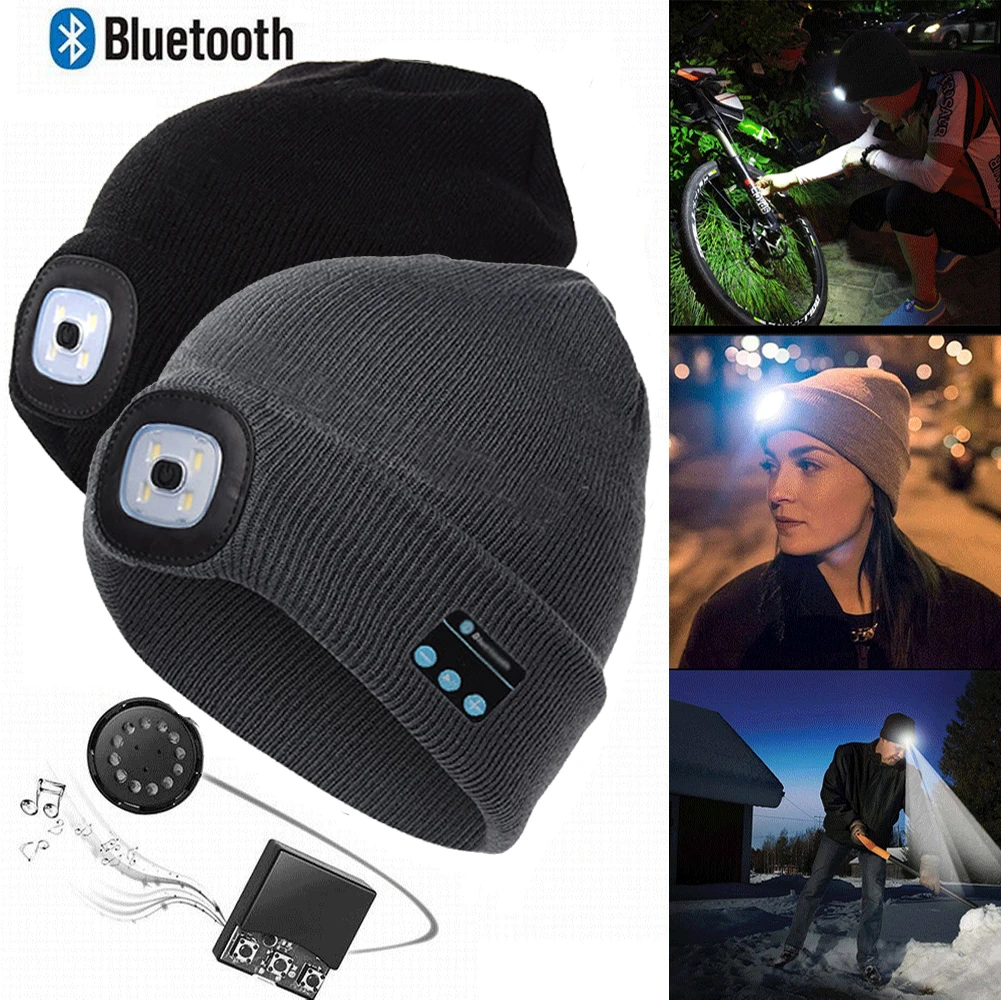 Bonnet d'hiver sans fil bluetooth 5.0 4 lumière LED