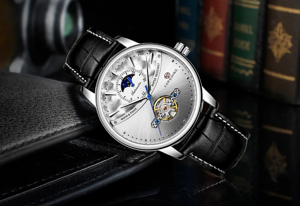 Forsining классические синие Moon Phase механические часы черный ремень из натуральной кожи мужские наручные часы мужские Reloj Hombre